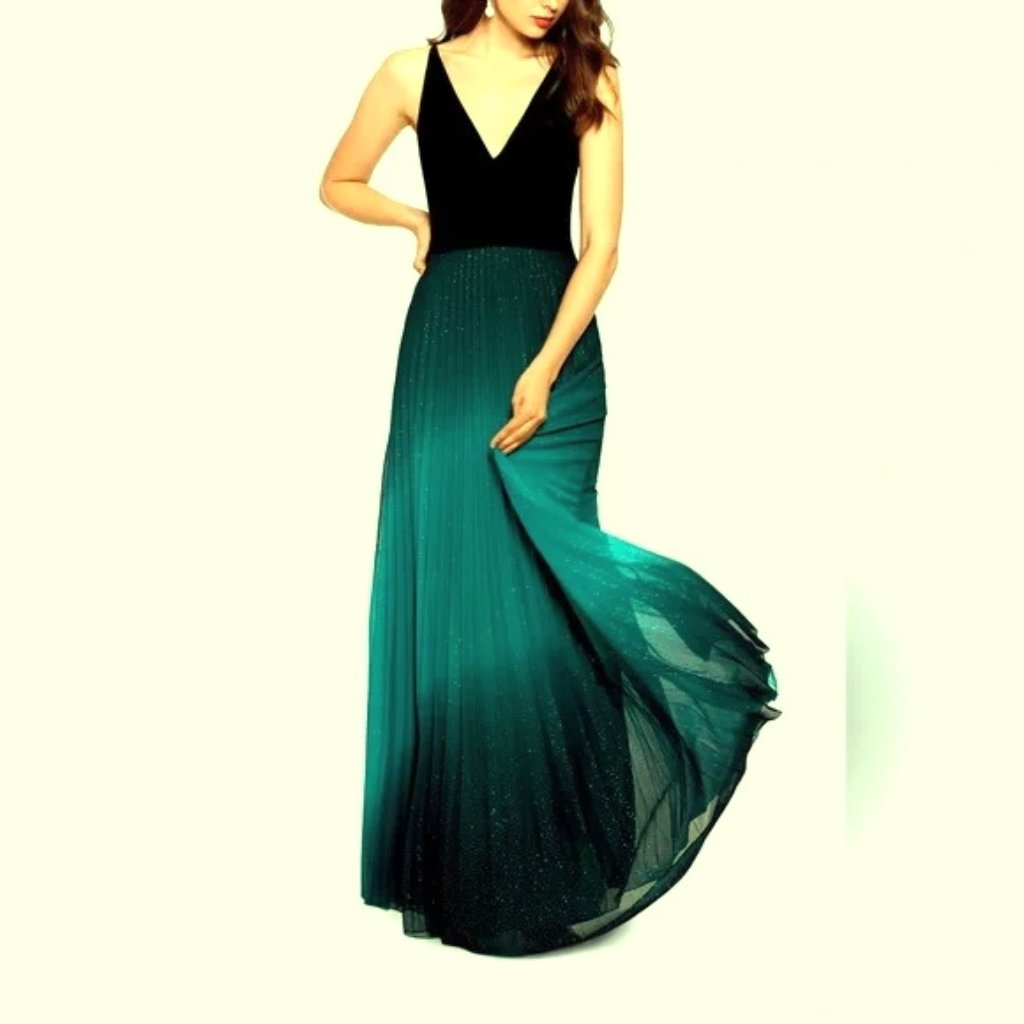 Betsy & Adam Black Green Teal Pleated Glitter Ombre Gown